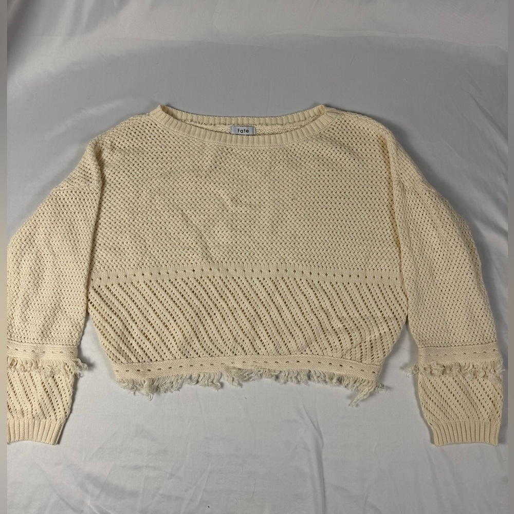 Cream Knit Cotton Sweater Cropped Fringe